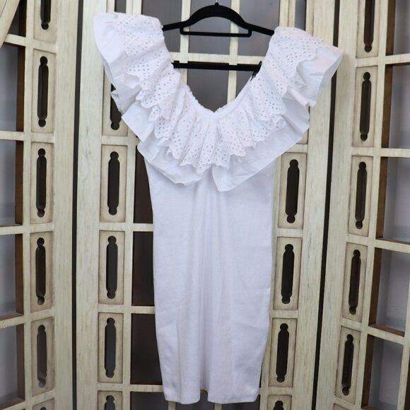 Zara White Eyelet Ruffle Collar Bodycon Mini Dress NWOT - Picture 3 of 9